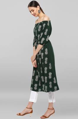 Janasya Dark-green printed crepe ethnic-kurtis 3