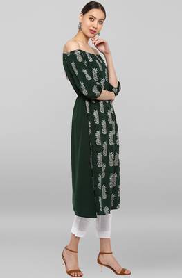 Janasya Dark-green printed crepe ethnic-kurtis 4