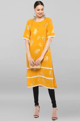 Janasya Mustard printed crepe ethnic-kurtis 1