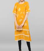 Janasya Mustard printed crepe ethnic-kurtis