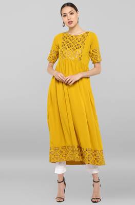 Mustard printed crepe ethnic kurtis 1