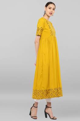 Mustard printed crepe ethnic kurtis 4