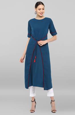 Janasya Turquoise plain crepe ethnic-kurtis 1