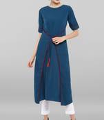 Janasya Turquoise plain crepe ethnic-kurtis