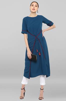 Janasya Turquoise plain crepe ethnic-kurtis 2