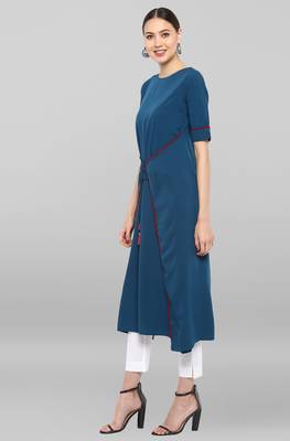 Janasya Turquoise plain crepe ethnic-kurtis 3