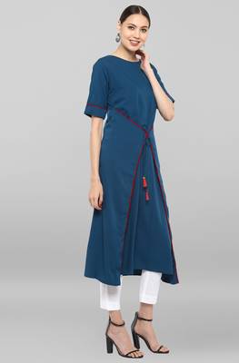 Janasya Turquoise plain crepe ethnic-kurtis 4