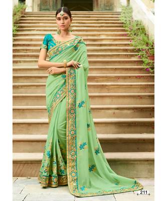 green embroidered jacquard saree with blouse 1