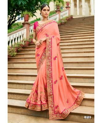 peach embroidered jacquard saree with blouse 1