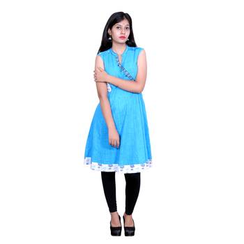 Blue plain cotton embroidered-kurtis 1