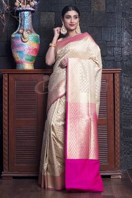 Beige And Pink Banarasi With Woven Zari Border 3