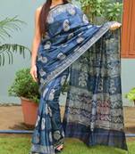 Dark Blue Printed Chanderi Silk Saree With Blouse