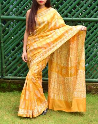Yellow Printed Chanderi Silk Saree With Blouse 1
