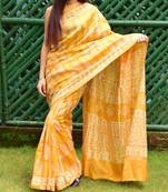 Yellow Printed Chanderi Silk Saree With Blouse