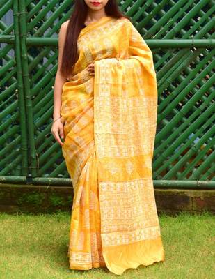 Yellow Printed Chanderi Silk Saree With Blouse 2