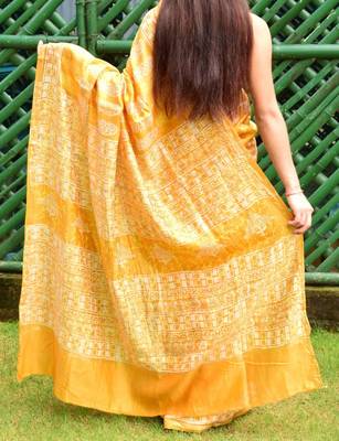 Yellow Printed Chanderi Silk Saree With Blouse 3