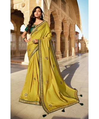 Olive Green Designer Heavy Dola Silk With Embroidery Sarees 1