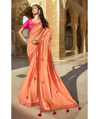 Peach Designer Heavy Dola Silk With Embroidery Sarees 1