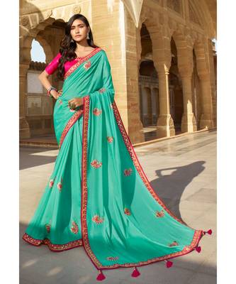 Turquoise Designer Heavy Dola Silk With Embroidery Sarees 1