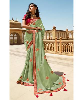 Light Green Designer Heavy Dola Silk With Embroidery Sarees 1