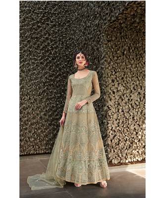 green embroidered santoon semi stitched salwar with dupatta 1