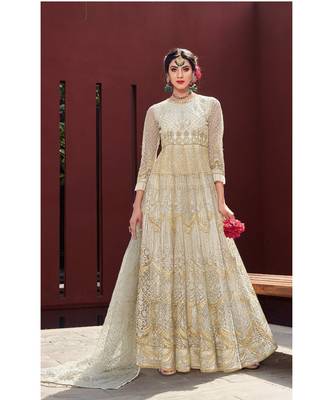 off white embroidered santoon semi stitched salwar with dupatta 1