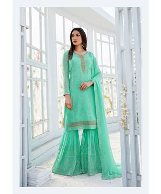 Turquoise Embroidred Georgette Santon Semi Stiched Suit with Dupatta 1