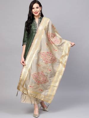 Sutram Women's Banarasi Grey Silk Dupatta 1
