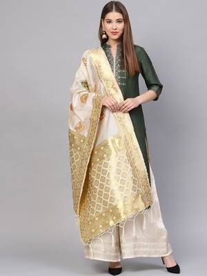 Sutram Women's Banarasi Beige Silk Dupatta 1