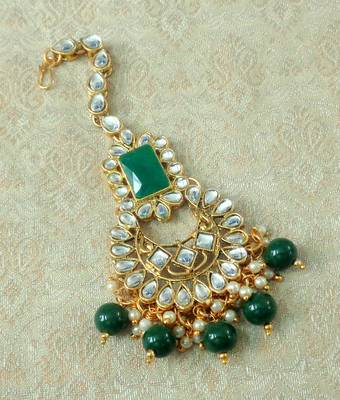 Lalso Designer Big Green Kundan Pearl Antique Gold Maang Tikka Mathapatti Hair Accessories Jewelry - LBKMT01_GR 1