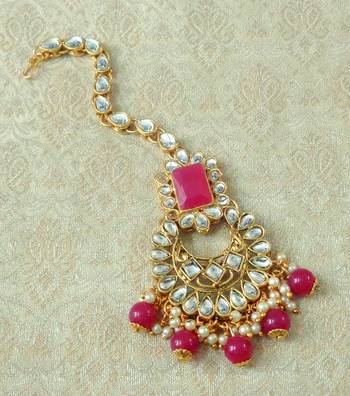 Lalso Designer Big Ruby Kundan Pearl Antique Gold Maang Tikka Mathapatti Hair Accessories Jewelry - LBKMT01_RB 1