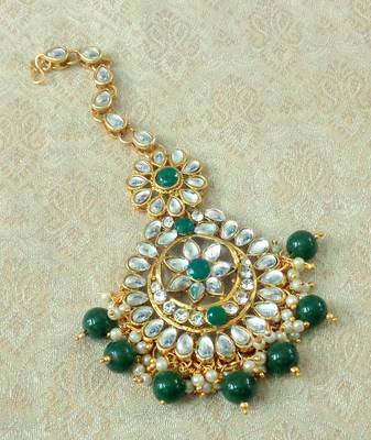 Lalso Designer Big Green Kundan Pearl Antique Gold Maang Tikka Mathapatti Hair Accessories Jewelry - LBKMT05_GR 1