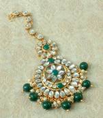 Lalso Designer Big Green Kundan Pearl Antique Gold Maang Tikka Mathapatti Hair Accessories Jewelry - LBKMT05_GR