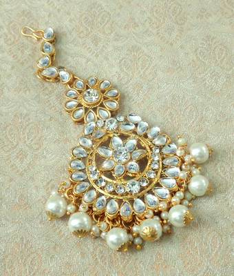 Lalso Designer Big White Kundan Pearl Antique Gold Maang Tikka Mathapatti Hair Accessories Jewelry- LBKMT05_WT 1