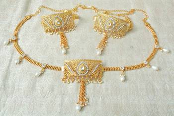 Lalso Adjustable White Gold Plated Kundan 1pc Kamarband Waistbelt 2pc Bajuband Armlet Combo Jewelry - LBKC10_WT 1