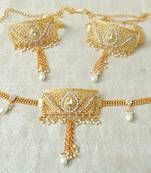 Lalso Adjustable White Gold Plated Kundan 1pc Kamarband Waistbelt 2pc Bajuband Armlet Combo Jewelry - LBKC10_WT