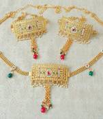 Lalso Adjustable Multicolour Gold Plated Kundan 1pc Kamarband Waistbelt 2pc Bajuband Armlet Combo Jewelry - LBKC11_MG