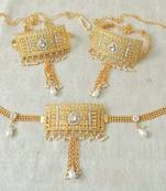 Lalso Adjustable White Gold Plated Kundan 1pc Kamarband Waistbelt 2pc Bajuband Armlet Combo Jewelry - LBKC11_WT