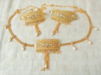 Lalso Adjustable LCT Gold Plated Kundan 1pc Kamarband Waistbelt 2pc Bajuband Armlet Combo Jewelry - LBKC12_LCT 1