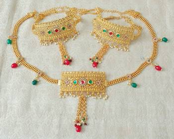 Lalso Adjustable Multicolour Gold Plated Kundan 1pc Kamarband Waistbelt 2pc Bajuband Armlet Combo Jewelry - LBKC12_MG 1