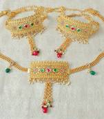 Lalso Adjustable Multicolour Gold Plated Kundan 1pc Kamarband Waistbelt 2pc Bajuband Armlet Combo Jewelry - LBKC12_MG