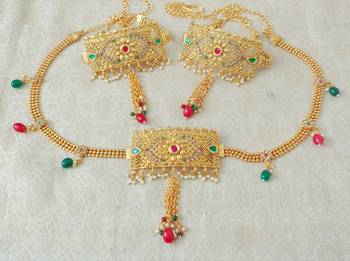 Lalso Adjustable Multicolour Gold Plated Kundan 1pc Kamarband Waistbelt 2pc Bajuband Armlet Combo Jewelry - LBKC13_MG 1