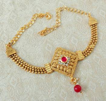 Lalso Designer Ruby Ball Chain Gold Plated Kundan 1pc Bajuband Armlet Jewelry Wedding Festival - LSBB02_RB 2
