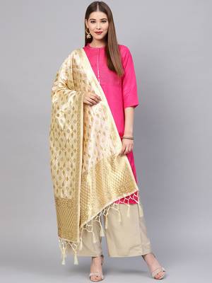 Sutram Women's Banarasi Beige Silk Dupatta 1