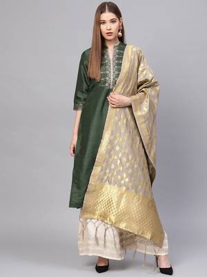 Sutram Women's Banarasi Grey Silk Dupatta 1