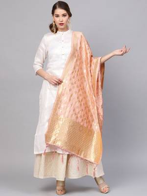 Sutram Women's Banarasi Peach Silk Dupatta 1