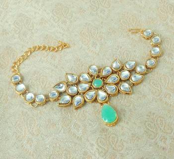 Lalso Designer Sea Green Antique Gold Plated Kundan 1pc Bajuband Armlet Jewelry Wedding Festival - LKBB01_SG 2