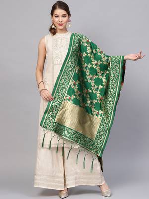 Sutram Women's Banarasi Green Silk Dupatta 1