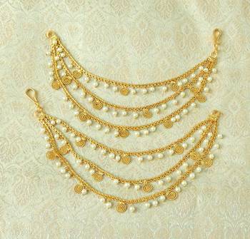 Lalso Designer Bahubali Style White Pearl Copper Brass Ear Chain Kaan Chain - LEC10_WT 2