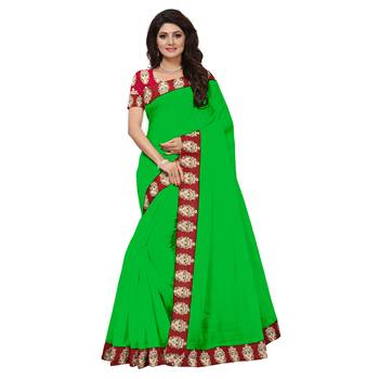 green plain Chanderi Cotton Kalamkari  saree with blouse 1